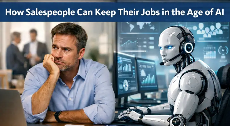 Will AI replace salespeople? AI and the future of sales jobs illustration showing human and AI collaboration in B2B selling.