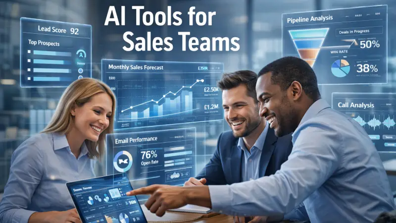 AI tools for sales teams. AI and the future of sales illustration showing human and AI collaboration in B2B selling.
