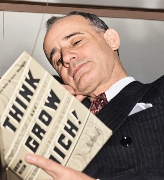 A picture of Napoleon Hill with his book, Think and Grow Rich.