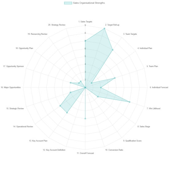 A diagram showing scores for elements of our sales operations planning assessment.