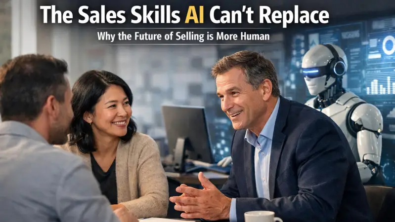 Sales skills AI can't replace. AI and the future of sales jobs illustration showing human and AI collaboration in B2B selling.