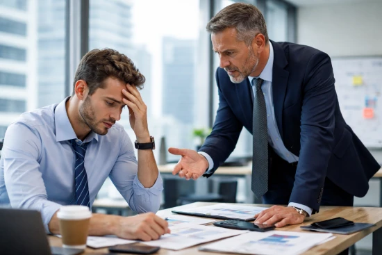 A picture of a salesperson having a difficult conversation with his manager to support an article about underperforming sales teams.