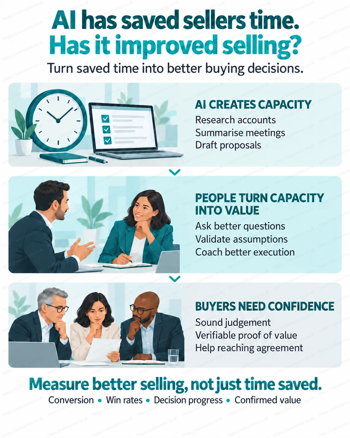 An illustration showing human and AI collaboration in B2B selling to support an article about the commercial return from the use of AI in sales.