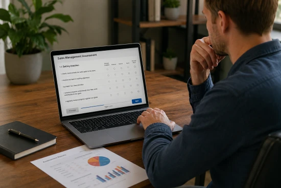 A picture of a person completing an online assessment to support a page about our bespoke assessment tools.
