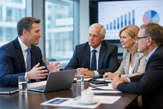 A picture depicting a boardroom conversation to support the description page for our key account management training course.