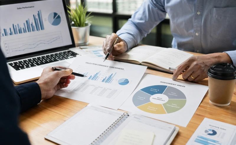 A picture of a businessman evaluating data to illustrate a page about our sales and marketing assessments.